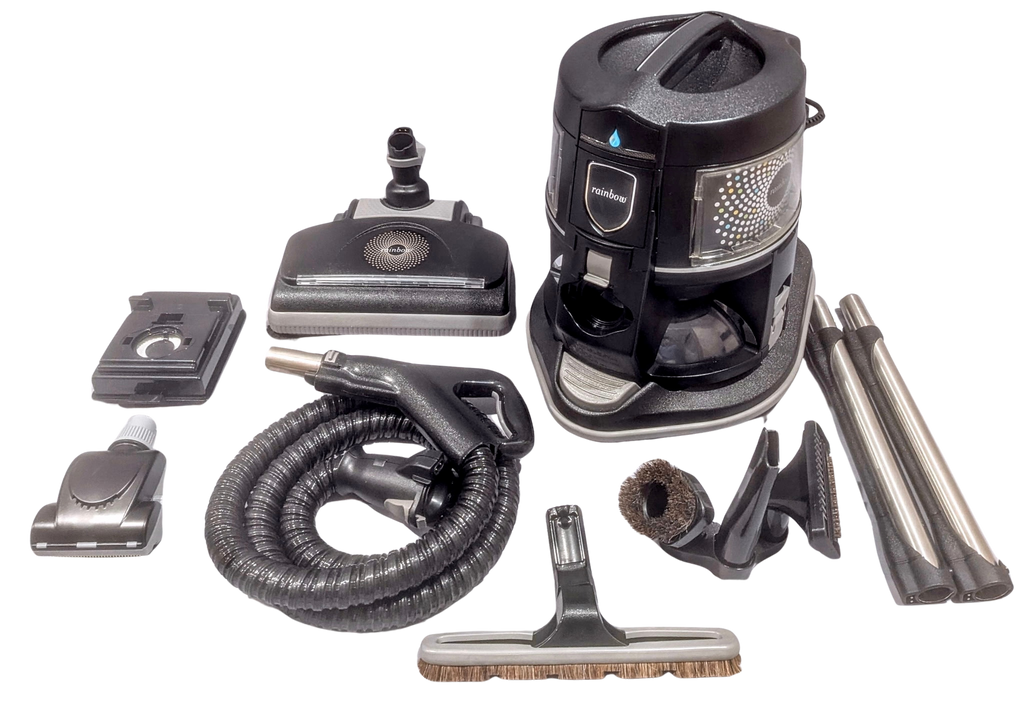 RAINBOW E SERIES BLACK VACUUM W/ LED LIGHTS, BARE FLOOR KIT, POWER PET HAIR TOOL